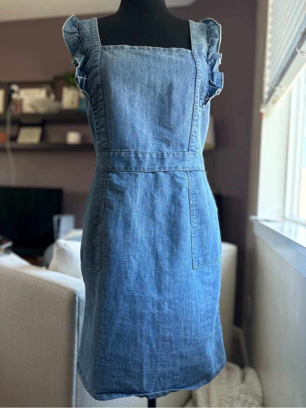Japna Sleeveless Light Blue Denim Mini Dress Ruffle Straps Pockets Smocking